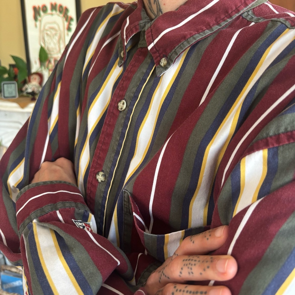 💀 SOLD 💀 Vintage 80s Striped Cropped Boxy Long Sleeve Button Down Ziza ~ Size L - Picture 5 of 8